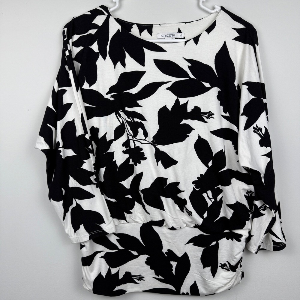 Chico's Dolman Top Womens 1 Medium Black White Floral Ruched Side Banded Hem